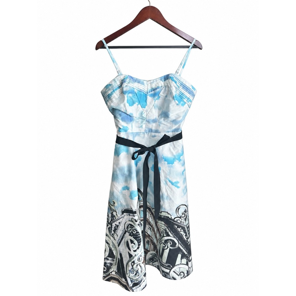 Moulinette Soeurs Anthropologie Dress Women 10 Blue Cloud Cityscape EUC Cotton